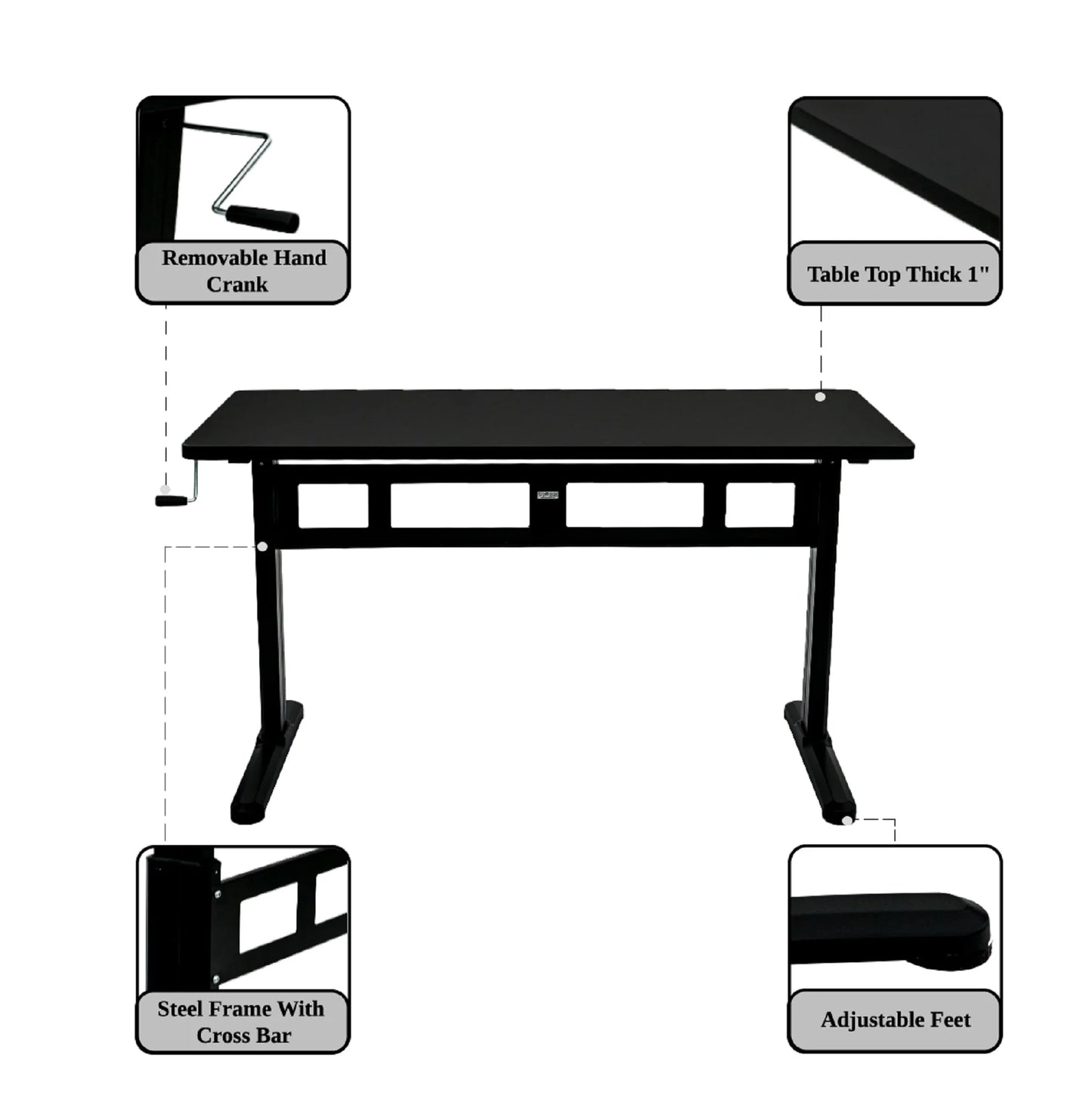 Office ABC102BKTT Height Adjustable Crank Desk with Table Top - Black