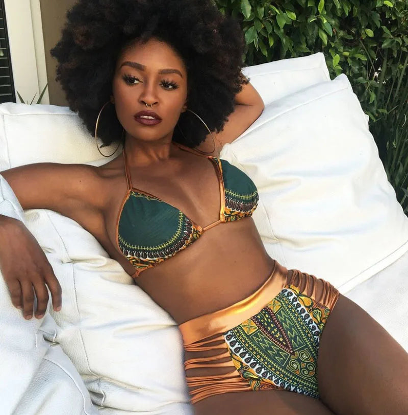 2022 New African Print Two-Pieces Bath Suits Bikini Set Sexy Geometric Swimwear Swimsuit Gold High Waist Swimming Suit