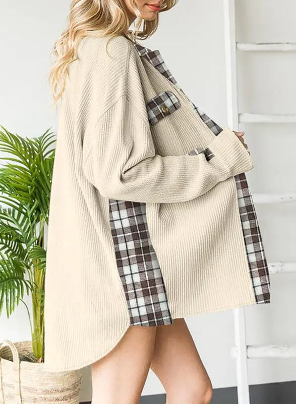 SHEWIN Women's Waffle Knit Plaid Shacket – Loose Boyfriend Style