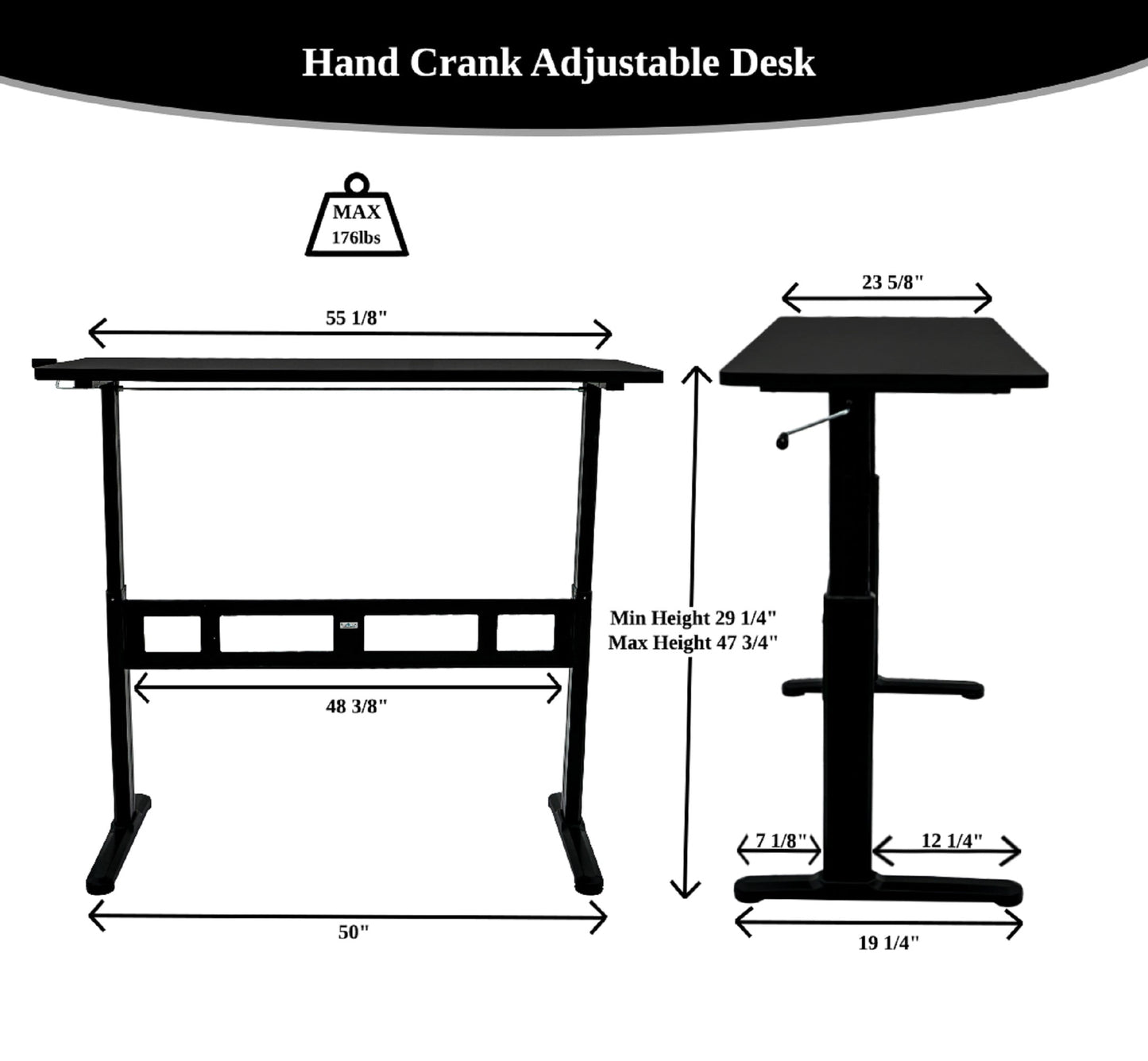 Office ABC102BKTT Height Adjustable Crank Desk with Table Top - Black