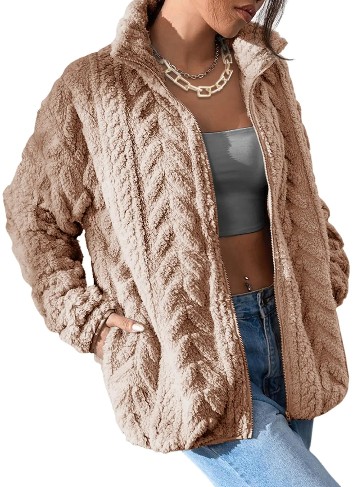 ChatGPT Dokotoo Women's Winter Fleece Jacket – Zip-Up with Stand Collar