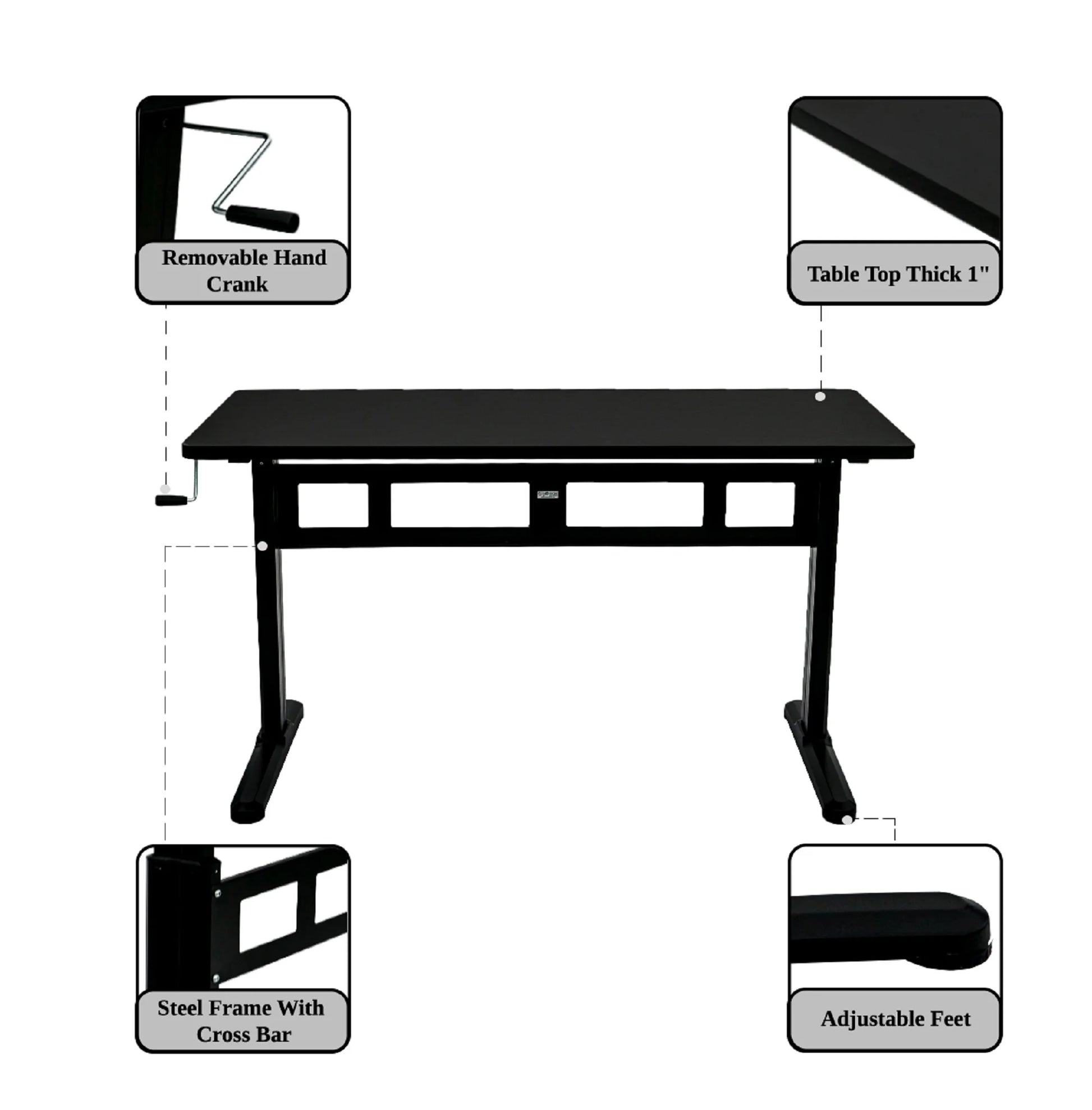 Office ABC102BKTT Height Adjustable Crank Desk with Table Top - Black