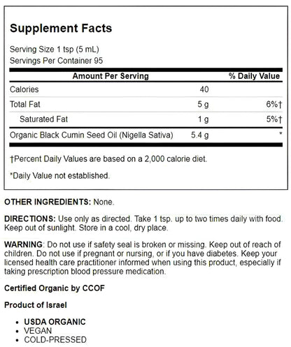 Black Seed Oil, 100% Pure Virgin, Organic, Cold Pressed 8 Fl Oz (16 Fl Oz)