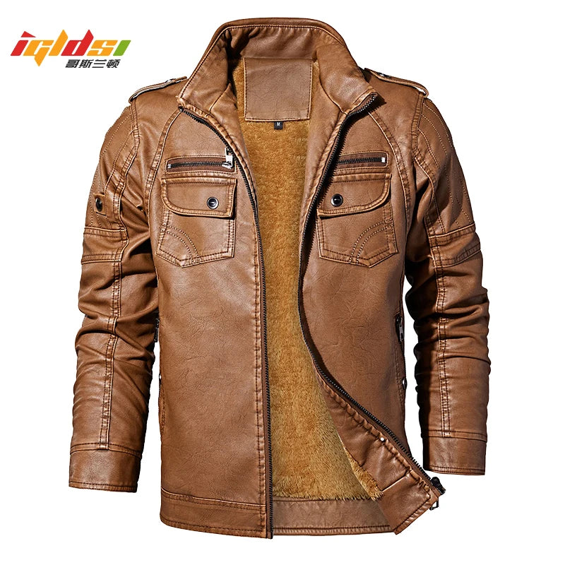 Men'S Winter Leather Jackets Autumn Business Casual Thicken Fleece Coats Male Fashion Motorcycle Outwear Leather Jacket
