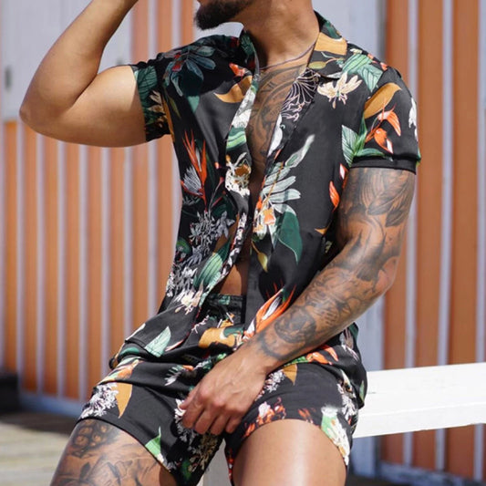 Men'S Casual Sport Sets Regular Fit Tropical Print Button down Short Sleeve Cuban Collar Top Blouse and Shorts Fashion Summer Breathable Two Piece Suits Black XXXL