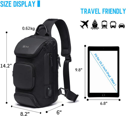 Sling Bag Crossbody for Men, 14.2 Inch anti Theft Waterproof Chest Shoulder Bag with USB Charging Port