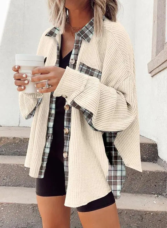SHEWIN Women's Waffle Knit Plaid Shacket – Loose Boyfriend Style