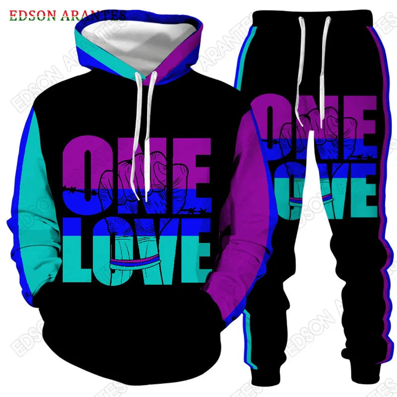 Custom Bob Marley Men'S Sets One Love Rasta Hoodie+Joggers Pants Activewear Sets Unisex Long Sleeve Tracksuits Two Piece Outfits