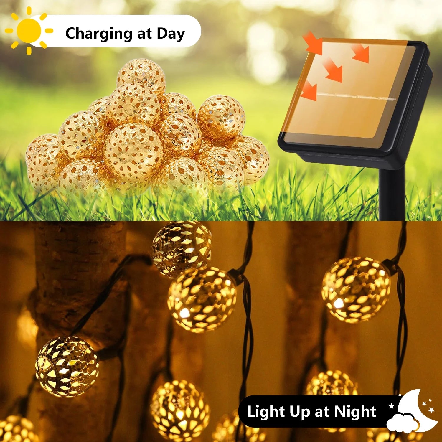 Solar Globe String Lights, 16.4 Ft 20 LED Moroccan Solar Fairy Lights, Outdoor Solar Christmas Lights for Patio Garden, Warm White