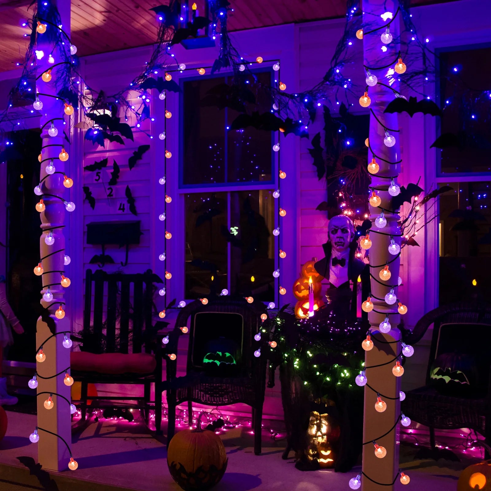 Solar Halloween Lights Outdoor 35.6Ft 60 LED Globe Orange & Purple String Lights with 8 Modes, Waterproof Halloween String Lights for Patio Garden Lawn Gazebo Yard Porch Halloween Decorations