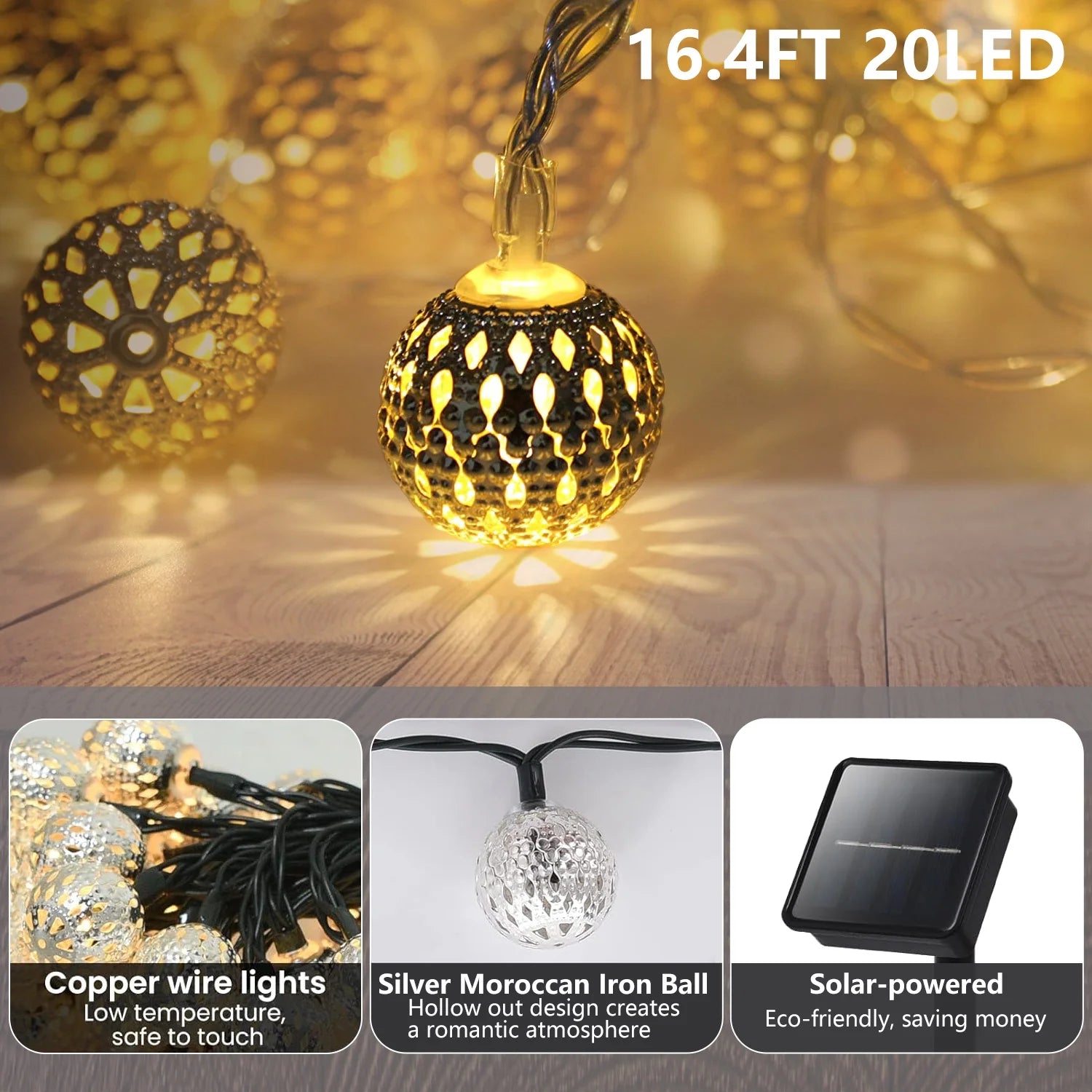 Solar Globe String Lights, 16.4 Ft 20 LED Moroccan Solar Fairy Lights, Outdoor Solar Christmas Lights for Patio Garden, Warm White