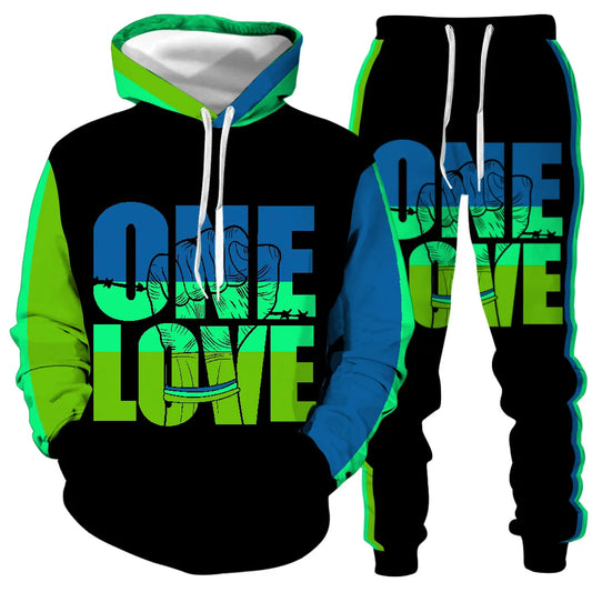 Custom Bob Marley Men'S Sets One Love Rasta Hoodie+Joggers Pants Activewear Sets Unisex Long Sleeve Tracksuits Two Piece Outfits