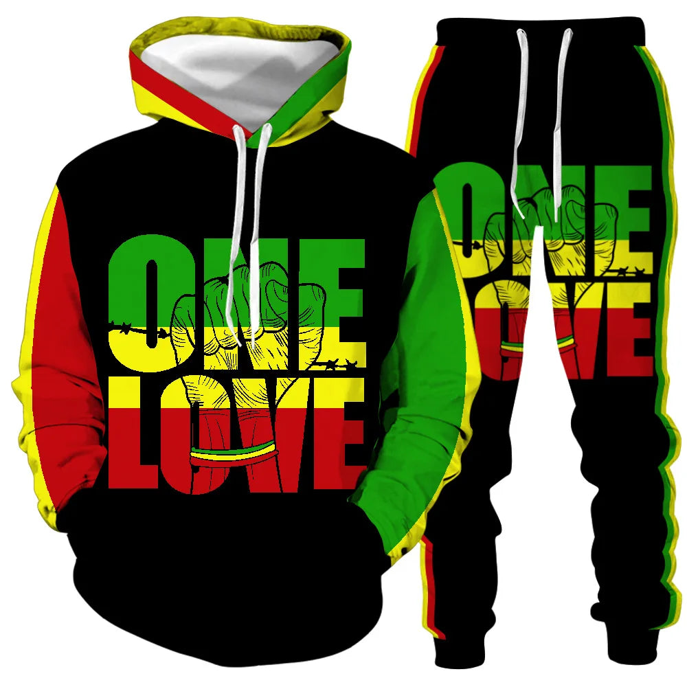 Custom Bob Marley Men'S Sets One Love Rasta Hoodie+Joggers Pants Activewear Sets Unisex Long Sleeve Tracksuits Two Piece Outfits