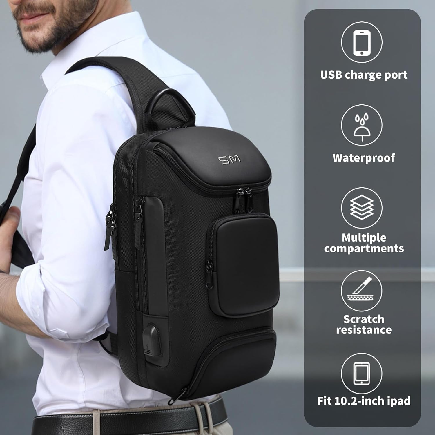 Sling Bag Crossbody for Men, 14.2 Inch anti Theft Waterproof Chest Shoulder Bag with USB Charging Port
