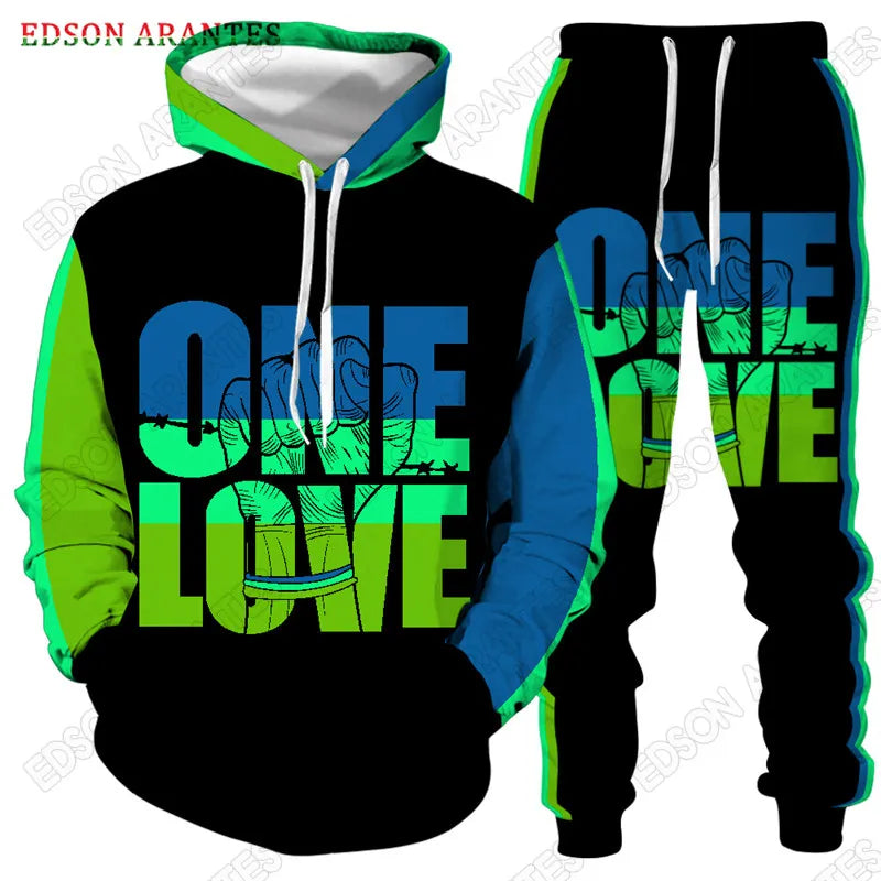 Custom Bob Marley Men'S Sets One Love Rasta Hoodie+Joggers Pants Activewear Sets Unisex Long Sleeve Tracksuits Two Piece Outfits