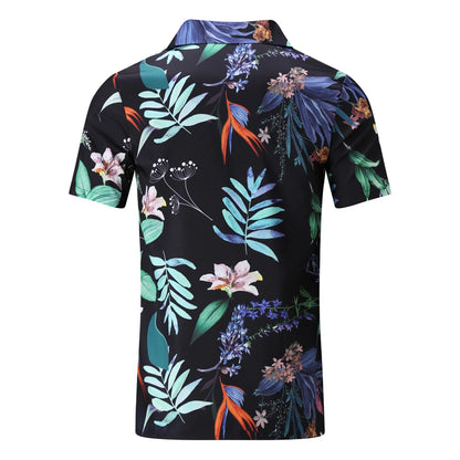 Men'S Casual Sport Sets Regular Fit Tropical Print Button down Short Sleeve Cuban Collar Top Blouse and Shorts Fashion Summer Breathable Two Piece Suits Black XXXL