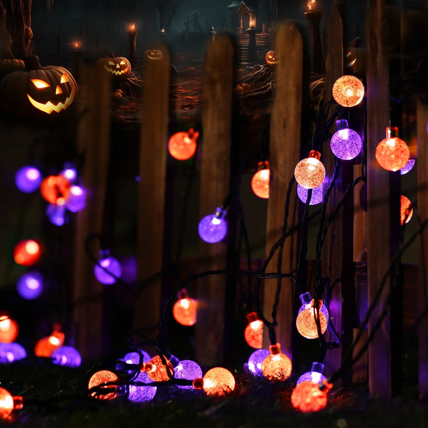Solar Halloween Lights Outdoor 35.6Ft 60 LED Globe Orange & Purple String Lights with 8 Modes, Waterproof Halloween String Lights for Patio Garden Lawn Gazebo Yard Porch Halloween Decorations