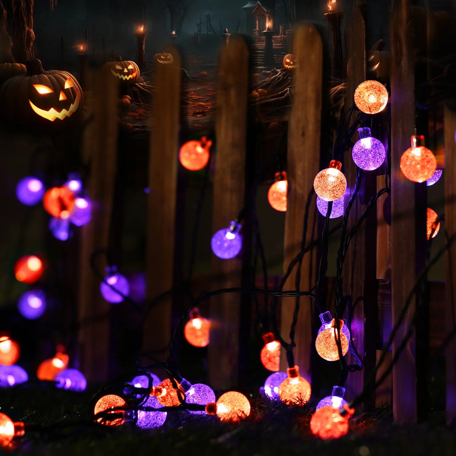 Solar Halloween Lights Outdoor 35.6Ft 60 LED Globe Orange & Purple String Lights with 8 Modes, Waterproof Halloween String Lights for Patio Garden Lawn Gazebo Yard Porch Halloween Decorations