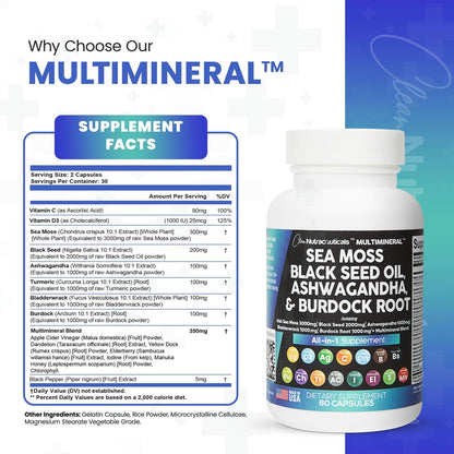 Sea Moss 3000Mg Black Seed Oil 2000Mg Ashwagandha 1000Mg Turmeric 1000Mg Blad...