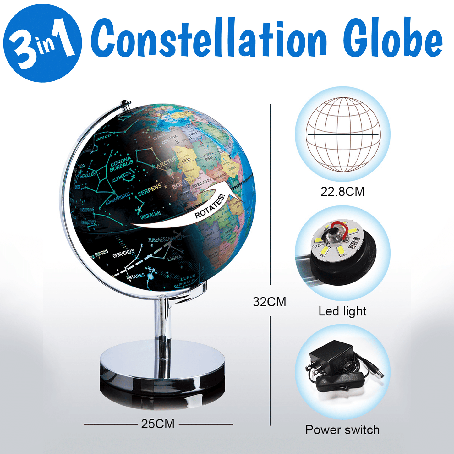 Globe 3 in 1 Office Desk Night Light, LED Light Globe, Constellation Learning & Education Toys