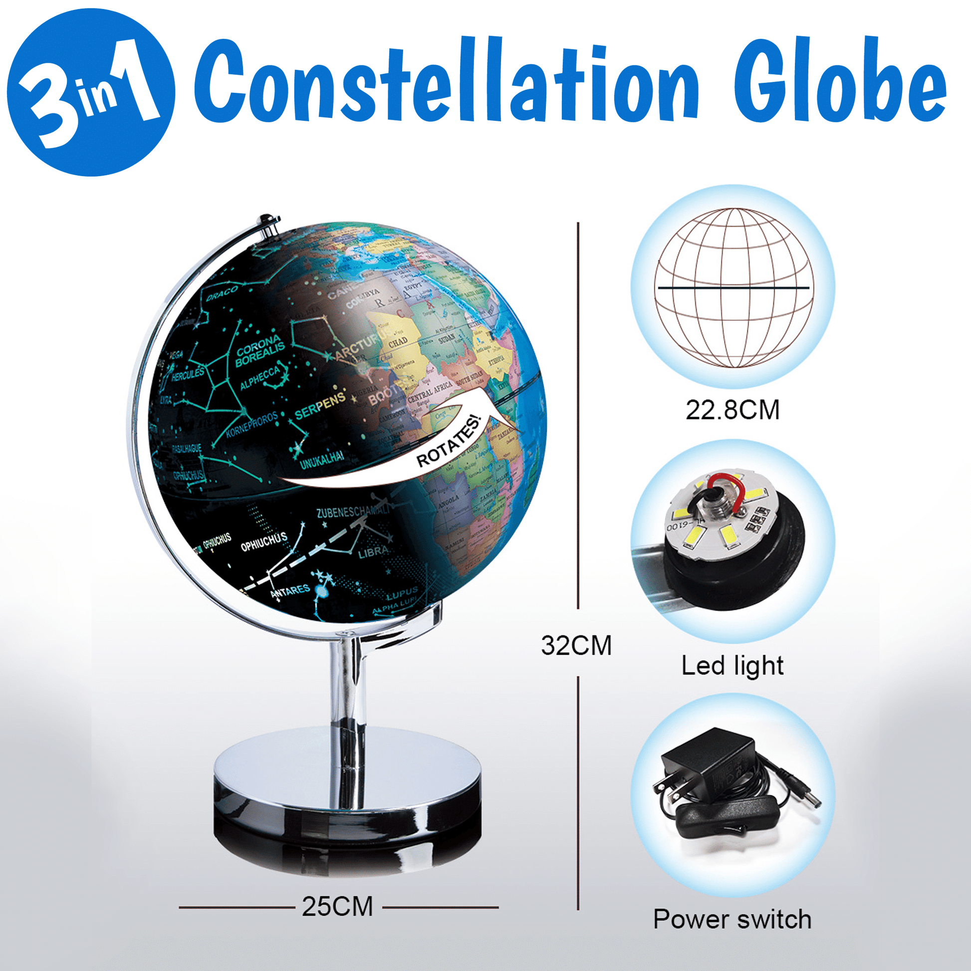Globe 3 in 1 Office Desk Night Light, LED Light Globe, Constellation Learning & Education Toys