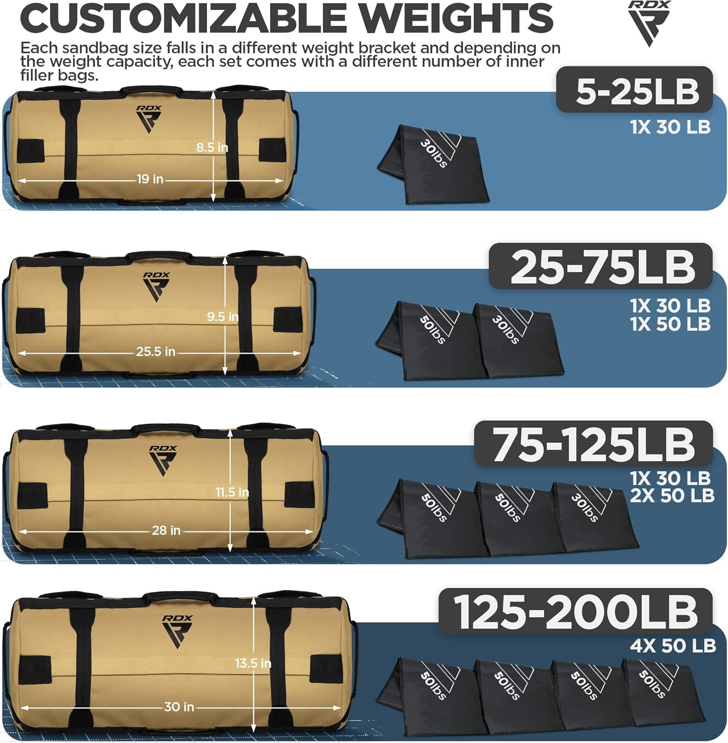 Sandbag for Fitness Weights Training, Unfilled Power Bags with Handles, 5-200 Lbs Adjustable Weighted Slam Bag for Strength Powerlifting Running Heavy Workout Home Gym Exercise, Sold as UNFILLED